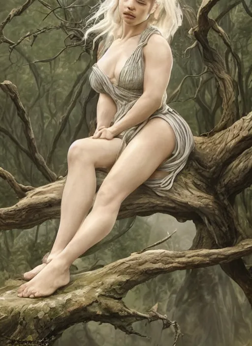 Image similar to Emilia Clarke as Daenerys Targaryen taking a rest under tree after an long adventure, a ruggedly muscled handsome heroine, intricate, elegant, highly detailed, centered, digital painting, artstation, concept art, smooth, sharp focus, illustration, artgerm, donato giancola, Joseph Christian Leyendecker, WLOP, Artgerm, thunder storm