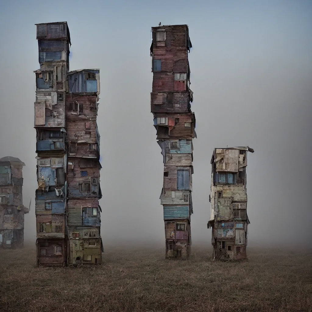 Image similar to two high towers, made up of makeshift squatter shacks with faded colours, plain uniform sky at the back, uneven fog, dystopia, mamiya, fully frontal view, ultra sharp, very detailed, photographed by julie blackmon