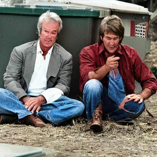 Prompt: kevin tighe and randy mantooth sitting by a dumpster, drinking from beer bottles, there are empty bottles scattered on the ground