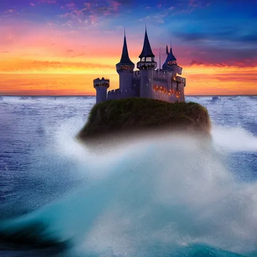 Image similar to Fantasy Castle on island surrounded by waves at sunset