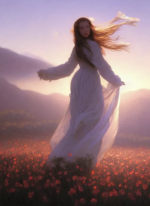 Image similar to oil painting portrait of a young woman with long flowing hair in a white dress, levitating floating over a field of flowers at sunset with mountains in the background, hazy, digital art, chiaroscuro, artstation, cinematic, golden hour, digital art painting by greg rutkowski, william - adolphe bouguereau, lu ji, hazy atmosphere, flowers, cinematic lighting