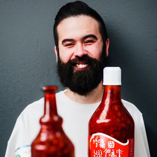 Image similar to man with short beard grinning sinisterly in a wedding dress holding a bottle of sriracha