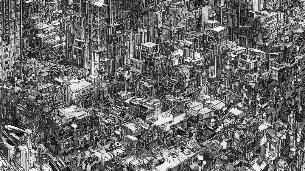 Prompt: very detailed, prophet anime graphic novel, jack kirby, ghibli, ilya kuvshinov, mcbess, simon roy, illustration of dystopian metropolis decrepit arcologies with nuclear explosions, tokyo kowloon, wide shot, vibrant color, deep shadows, astrophotography, hyperdetailed, cryengine, realistic shaded lighting, sharp focus