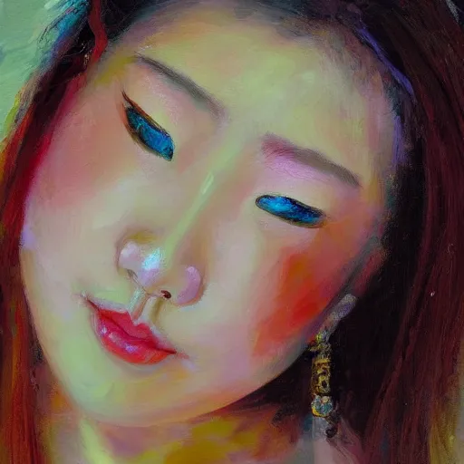 Image similar to beautiful highly detailed and expressive oil painting of a korean woman's face dissolving into petals, masterpiece, dynamic lighting, atmospheric