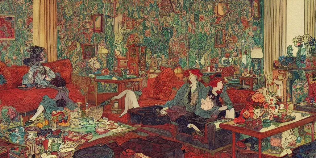 Prompt: a beatiful living room in an old victorian house, extremely detailed, sharp focus, wide view, smooth, digital illustration, colorfull by james jean, by edmund dulac