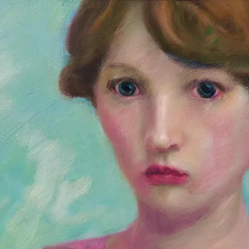 Prompt: an impressionist painting of a women from a wes anderson film looking at the camera mark ryden, 8 k