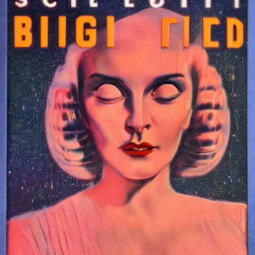 Prompt: vintage sci-fi book cover, high detail, portrait of a beautiful woman, film grain