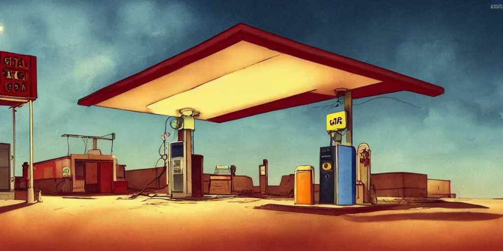 Image similar to An abandoned gas station in the desert at night, creepy and dramatic atmosphere, digital art by Studio Ghibli and Edward Hopper
