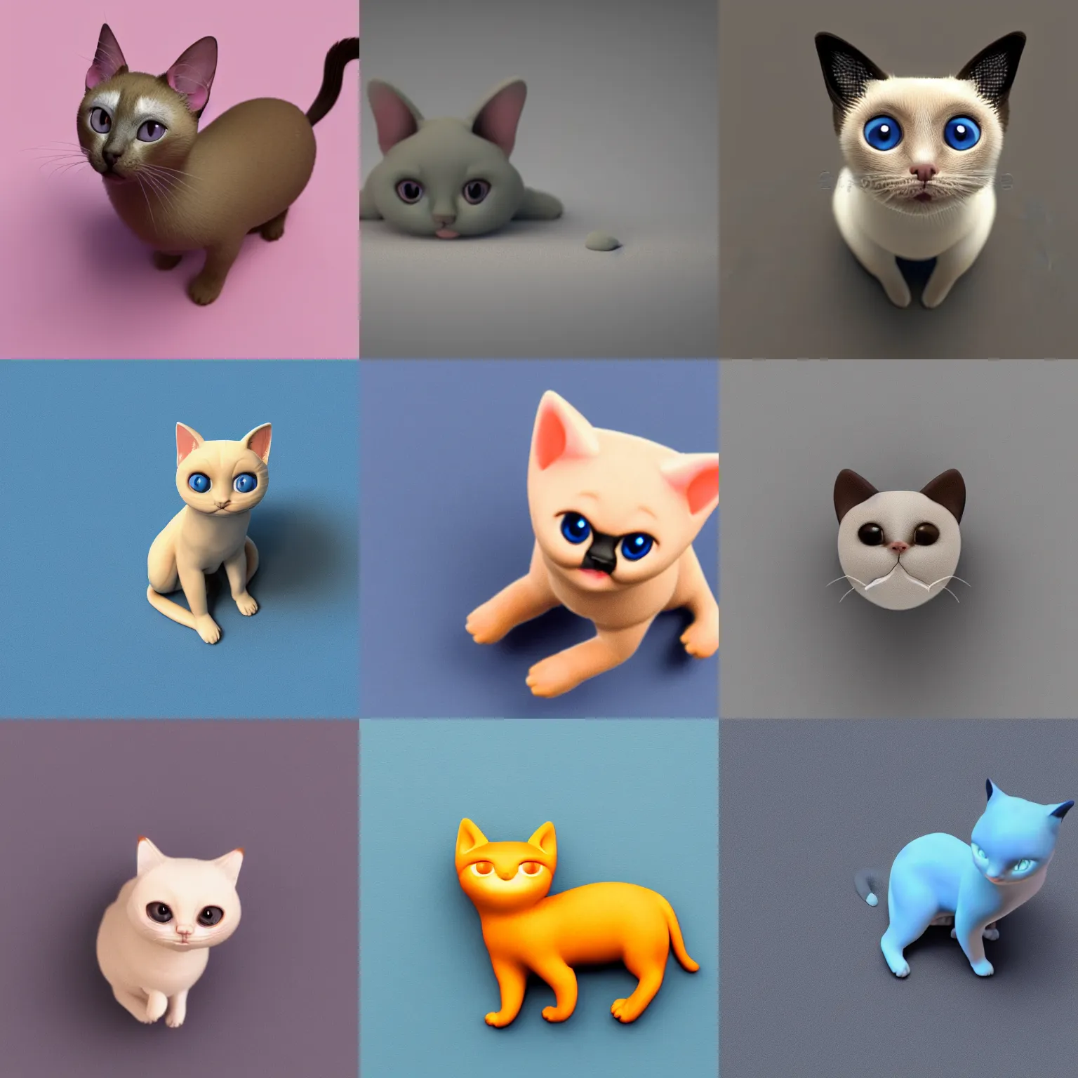 Prompt: Very tiny siamese cat that looks like a iOS emoji 3D clay render, 4k UHD, light blue background, isometric top down left view, diffuse lighting, zoomed out very far