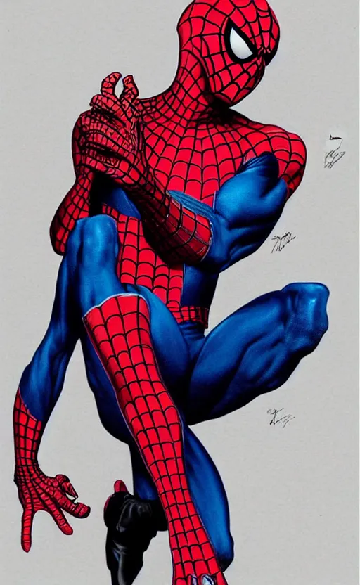 Image similar to Timothee Chalamet wearing redesigned spiderman suit, +++ super super super dynamic posing, j.c. leyendecker, Valentina Remenar, thick eyebrows, super serious facial expression, upscaled