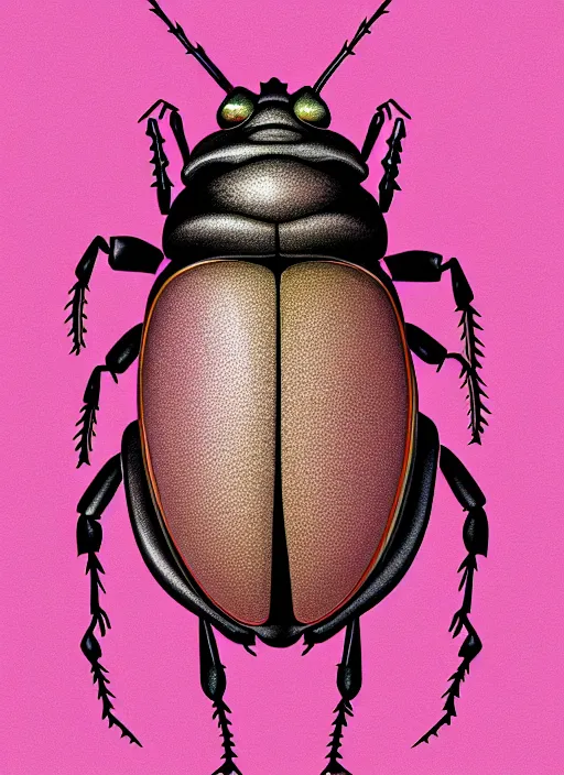 Image similar to caricature picture of a human beetle, pink insects, professionally color graded, interesting angle, sharp focus, 8 k high definition, insanely detailed, intricate, funny, art by jacob shaw and studio ghibli