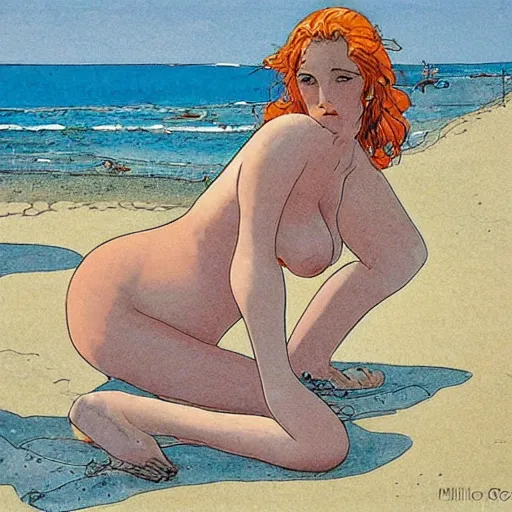 Prompt: women at beach by Milo Manara,