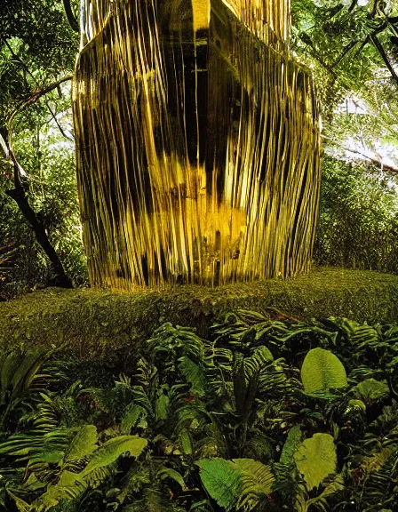 Prompt: vintage color photo of a giant 1 1 0 million years old abstract sculpture made of light rays and liquid gold covered by the jungle vines