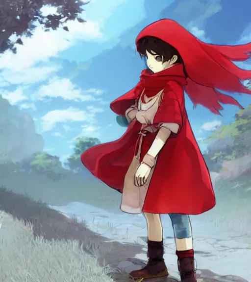 Image similar to attractive little boy character inspired in little red riding hood and venti from genshi impact, digital artwork made by akihiko yoshida and makoto shinkai