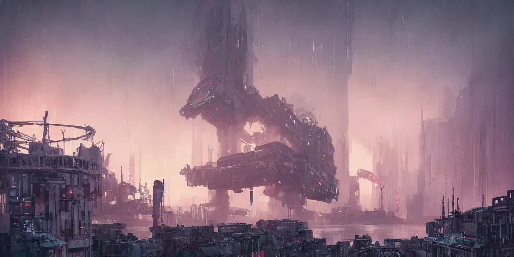 Image similar to bright render of huge mecha, by Ian McQue, Rutkowski, lee madgwick and hubert robert, concrete building by le corbusier on the background, puddles of water, trees and bushes, blade runner style, neon glow, vivid color, moody lighting, unreal engine, sunrise, epic skies, foggy