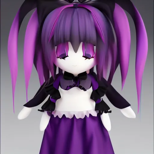 Prompt: cute fumo plush of a gothic maiden in a dark purple uniform with gold highlights, laces and ribbons, soft shadow, anime girl, vray