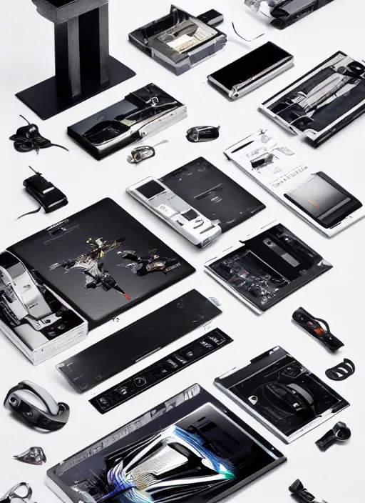 Prompt: electronics catalogue with hyper-detailed futuristic gadgets designed by Syd Mead, Jony Ive and Dieter Rams