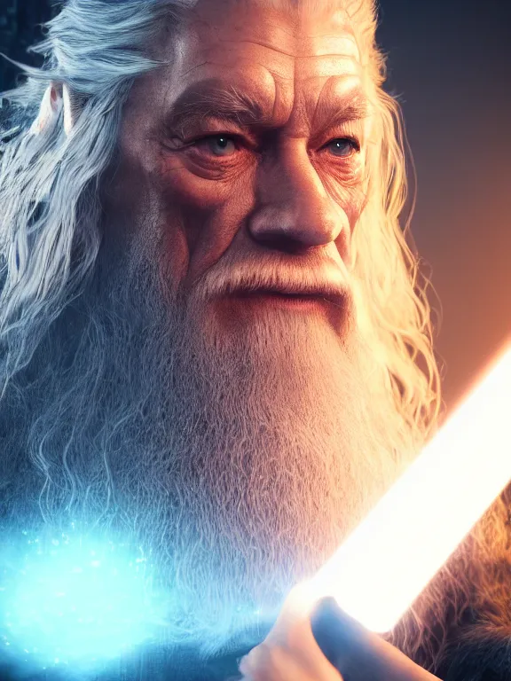 Image similar to Evil Gandalf 8k ultra realistic , lens flare, atmosphere, glow, detailed, intricate, full of colour, cinematic lighting, trending on artstation, 4k, hyperrealistic, Long shot, extreme details, unreal engine 5, cinematic, masterpiece