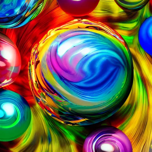 Prompt: swirled glass art bowl filled with glass marbles, rich colors, ribbons of color, intricate, iridescent, caustics, warm colors, beautiful lighting, museum piece, style of flavie audi, 3 d rendering, octane rendering, highly detailed, epic