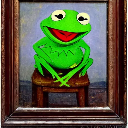 Image similar to portrait of Kermit the frog sitting on a stool, 1700s oil painting, antique