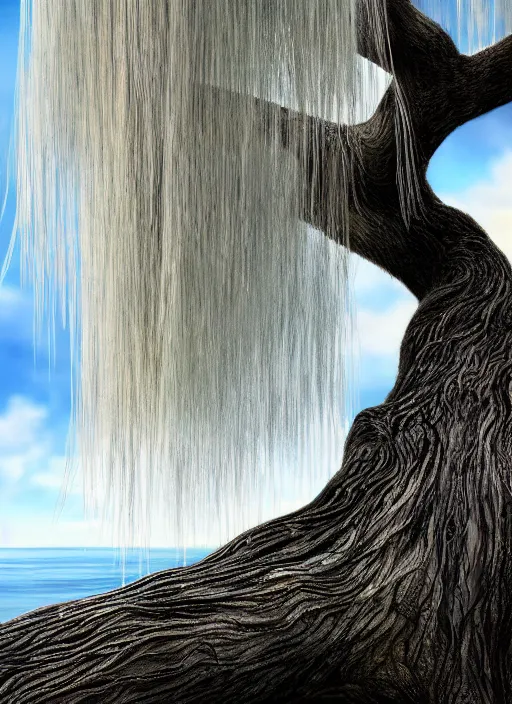 Image similar to nature photograph of a weeping willow with black bark and silver leaves sitting on a cliff in the distance in the style of stefan kostic, realistic, half body shot, sharp focus, 8 k high definition, insanely detailed, intricate, elegant, art by stanley lau and artgerm, luis royo, cloudy background