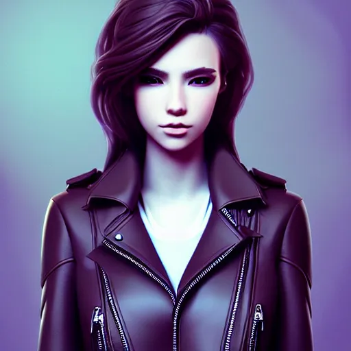 Image similar to a beautiful detailed 3 d matte portrait of sanna marin, by artgerm, leather jacket, slight smile, fantasy, volumetric lighting, high details