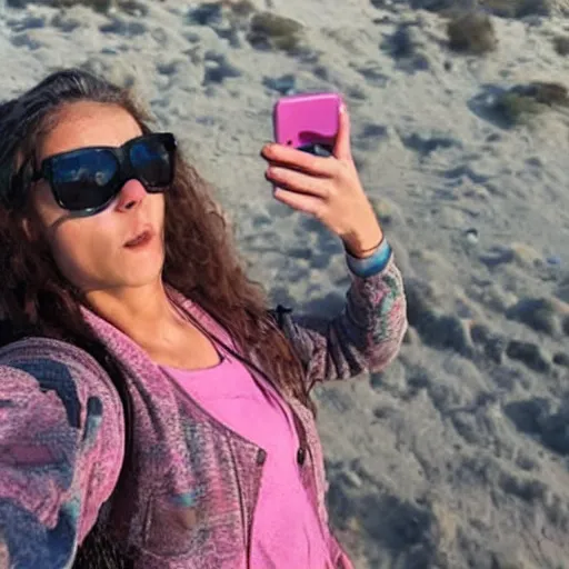 Prompt: woman takes a selfie during the end of the world