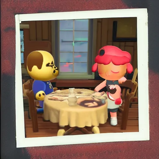 Image similar to doom guy and isabelle from animal crossing going on a date, polaroid photograph reel