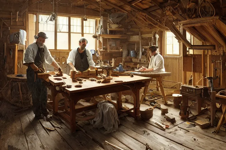 Prompt: a hyperdetailed matte portrait of simple craftsman fine woodworker | building a wooden table in their well organized clean workshop, highly detailed, deep focus, elegant, digital painting, sharp focus, ultra realistic, 8 k, art by greg rutkowski and rembrandt and alphonse mucha, ultrawide lens