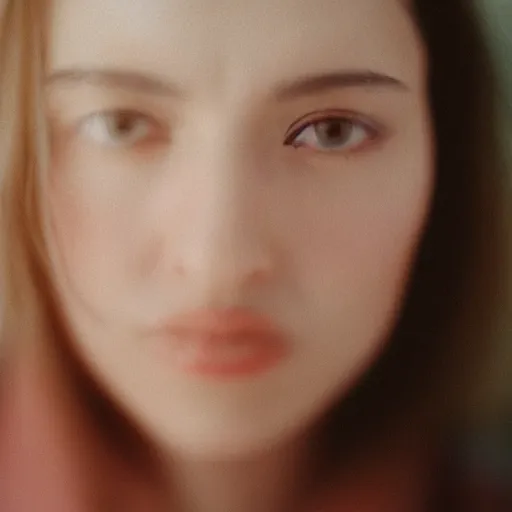 Prompt: A close-up of a woman’s face, captured in low light with a soft focus. There is a gentle pink hue to the image, and the woman’s features are lightly blurred. Cinestill 800t