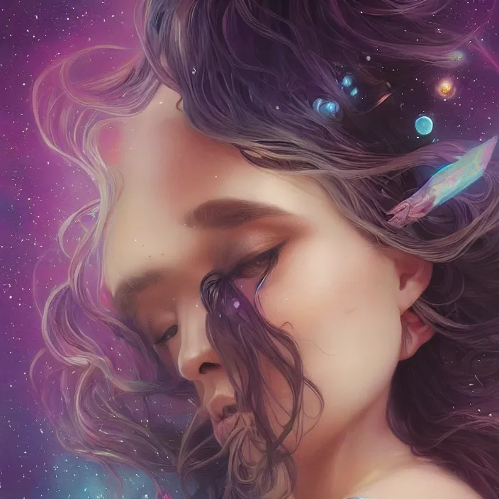 Prompt: beautiful, haunting young woman, detailed gorgeous face, flowing hair, vaporwave aesthetic, synthwave, space and planets in her hair along her face, shooting stars, milkyway, psychedelic, digital painting, artstation, concept art, smooth, sharp focus, illustration, art by artgerm and greg rutkowski and alphonse mucha