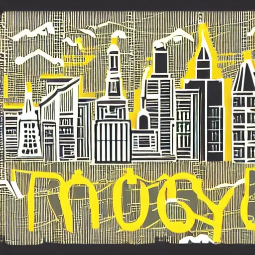 Image similar to moscow skyline, in the style of daniel johnston, 4k, line brush, minimal, overlaid with russian text