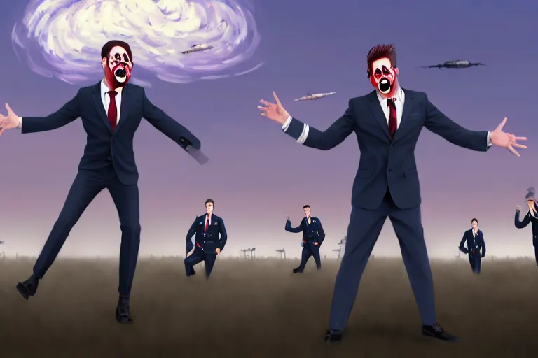 Prompt: Comedian in suit and tie performing in a battle-field with dead bodies on the ground, detailed face, comedian is funny, performing to dead soldiers, nuclear cloud in horizon, apocalypse, trending on artstation, artstationHD