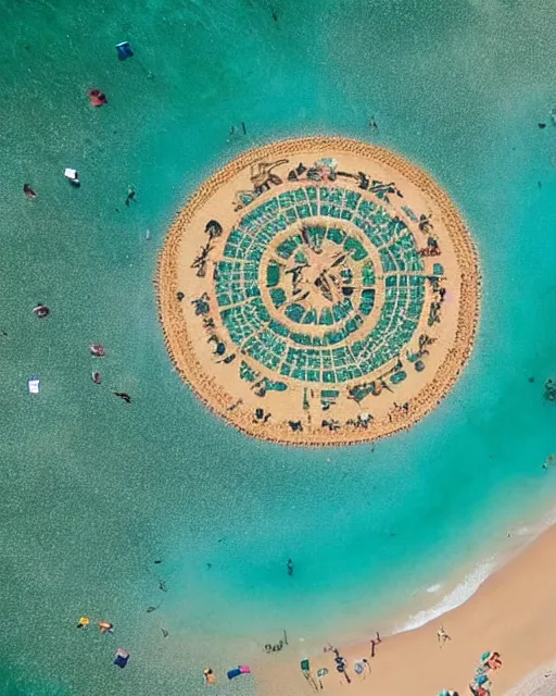 Image similar to thousands of sunbathers lie on a beach, together forming a gigantic design like an alien crop circle, photorealistic, ufos, crop circles