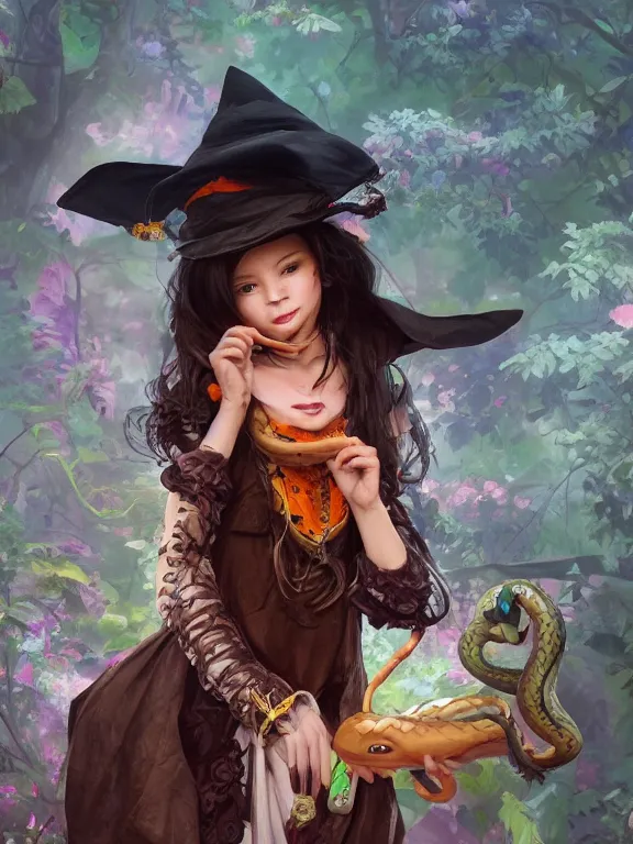 Image similar to Full shot of a cute mischievous young witch about to get up to some trouble with her playful snake familiar. Latin American fashion. Floral patterns. Black and Orange palette. Magic. Latina girl. brown skin. defined facial features, symmetrical facial features. Smiling. By Ruan Jia and Artgerm and Range Murata and WLOP and Ross Tran and William-Adolphe Bouguereau. Key Art. Fantasy Illustration. award winning, Artstation, intricate details, realistic, Hyperdetailed, 8k resolution.