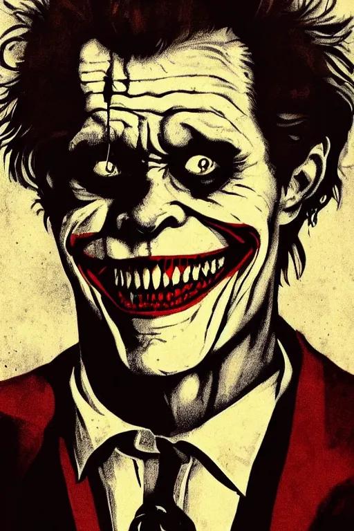 Image similar to Willem Dafoe as the Joker on a 1960s horror movie poster , vintage 60s print, detailed, scary, horrifying, screen print, trending on artstation