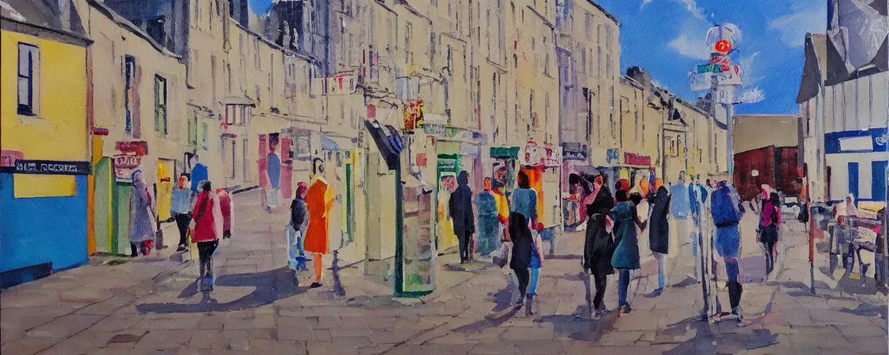 Prompt: a painting of street life in kirkwall orkney, romantic, bright, passionate, hot