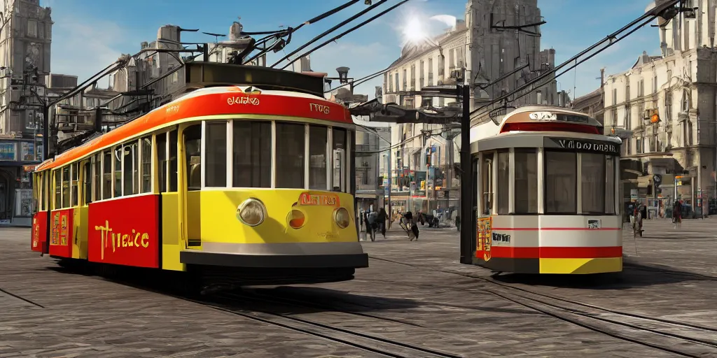 Image similar to triple decker tram, retro futuristic, volumetric lighting, photorealistic, daytime, sunny weather, sharp focus, ultra detailed, 4 0 0 0 k