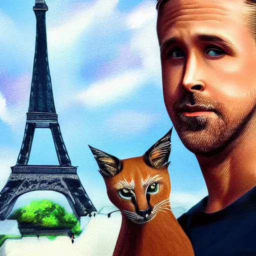 Prompt: Ryan Gosling holds a caracal cat in his hands against the backdrop of the Eiffel Tower, ultra highly detailed, smooth, sharp focus, digital art, digital painting, fan art, elegant, artstation