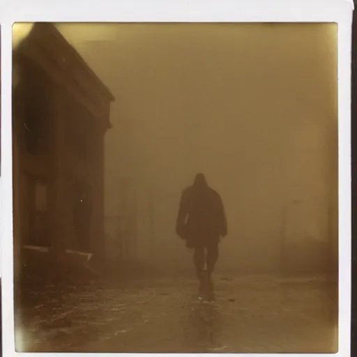 Image similar to old polaroid of a big weird creature walking on a destroyed city, rain, dark sky