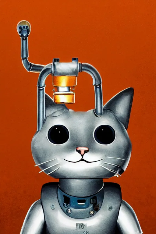 Image similar to a cute cat robot in a metropolitan city, painted by wally wood and matt jefferies, trending on artstation, steam punk, bright macro view pixar, award - winning, blueprint, big eyes, ( ( ( copper ) ) ) wire whiskers, chillwave, realism