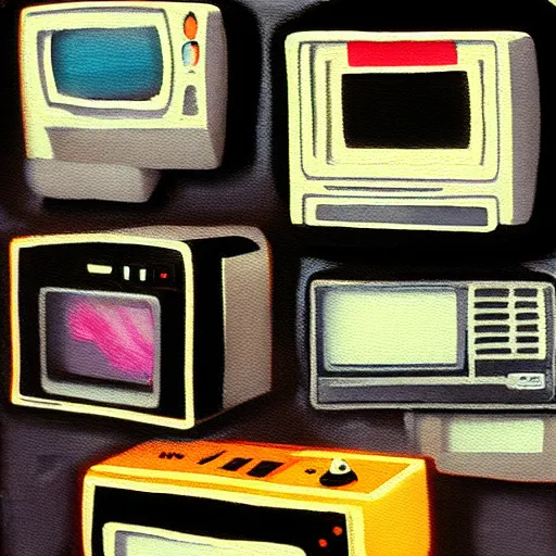 Image similar to array of crt televisions made out of fur, tv static, antenna, stacked, polaroid, steroids, adult video store, impressionist painting, painting, acrylic painting, cell shaded