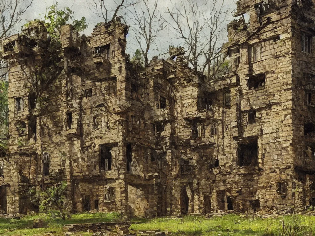 Image similar to A beautiful painting of a dilapidated ancient castle building in the wood, by Coby Whitmore, Trending on artstation, very detailed