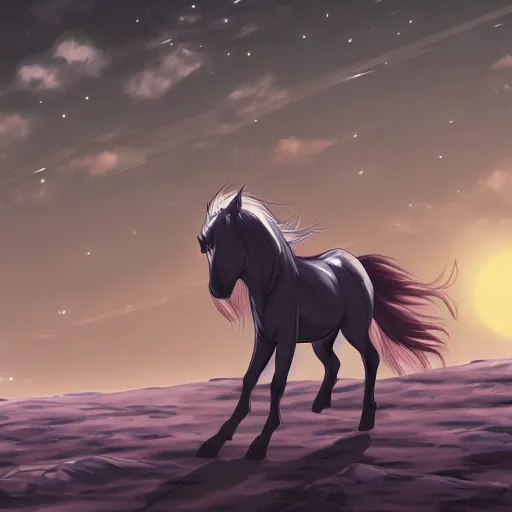 Image similar to a horse, grazing on the moon, trending on artstation, anime style