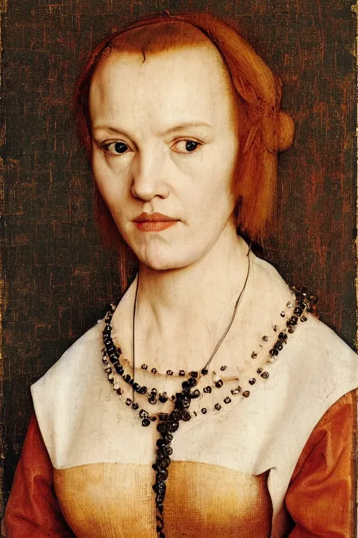 Prompt: portrait of juliette lewis, oil painting by jan van eyck, by hans holbein, northern renaissance art, old masters, alla prima, realistic, expressive emotions, intricate textures, illusionistic detail, masterpiece