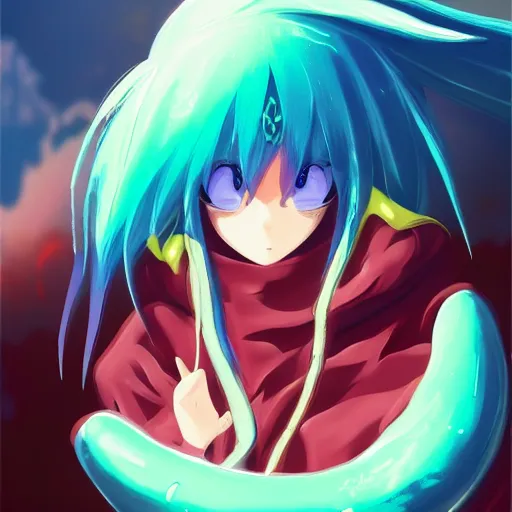 Image similar to rimuru tempest, that time i got reincarnated as a slime, super detailed, professional digital painting, concept art, extreme illustration, unreal engine 5, photorealism, hd quality, 8 k, black hoodie, fur scarf, cinematic, art by andy warhol, yoshitaka amano