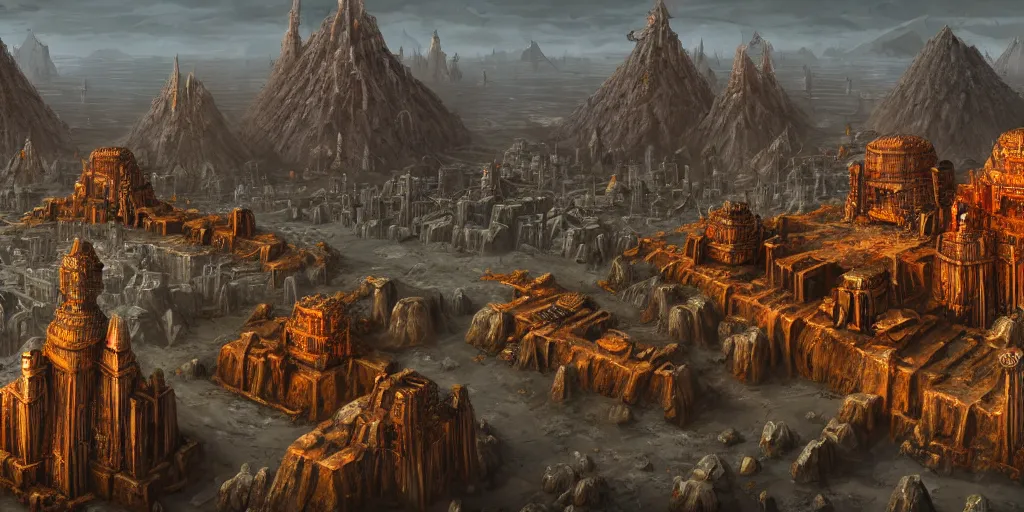 Image similar to a sprawling temple city rises from the salt dunes, caves of qud, matte oil painting, chrome, cathedral, retrofuturistic, concept art, science fantasy, mutant, rpg, epic, rust, salt, jungle, dungeons & dragons, sharp focus, award - winning, extremely detailed, 4 k, 8 k