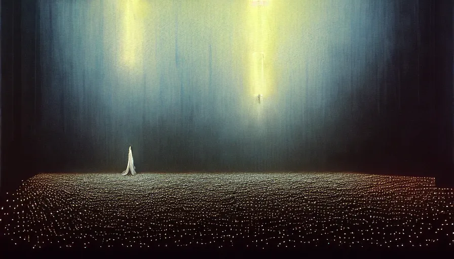 Image similar to detailed painting of rick owens fashion show, exterior, floral ornaments, volumetrics lights, beam of bright lights through the clouds, beksinski, bougeureau