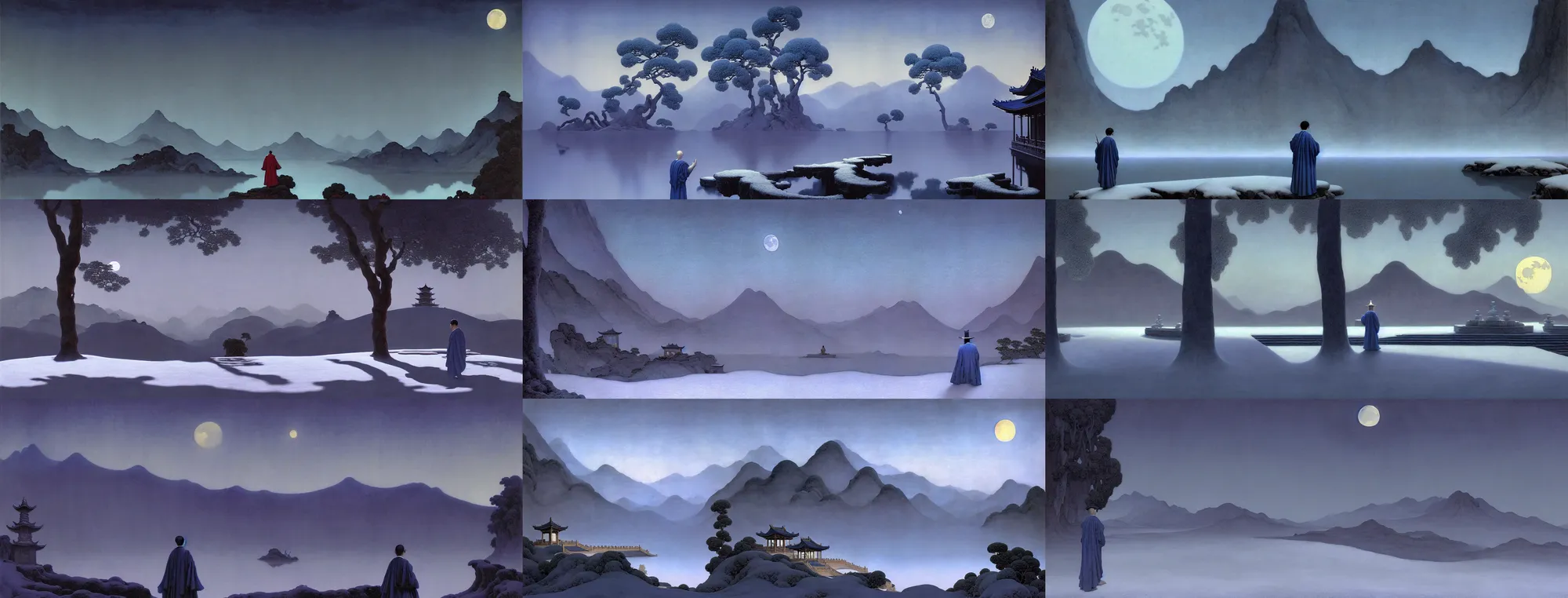 Prompt: a gorgeous landscape painting by barlowe wayne maxfield parrish and marco mazzoni. drak blue night sky. just one winter moon!! snow. chinese temple. just one lonely chinese monk in grey blue long gown walks on the winding steps. ultra clear detailed. 3 d, octane render. turbulent blood lake. fog