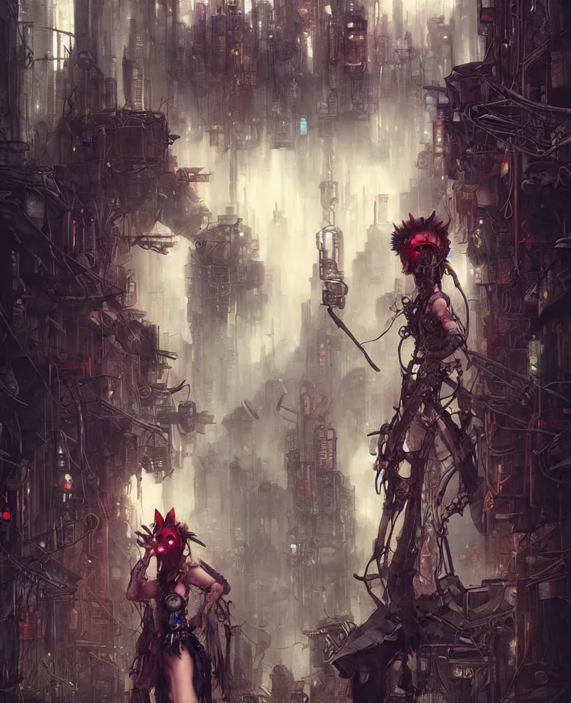 Image similar to hyper realistic Princess Mononoke, spooky mask, busy cyberpunk metropolis, city landscape, jewels, style of tom bagshaw, mucha, james gurney, norman rockwell, denoised, sharp